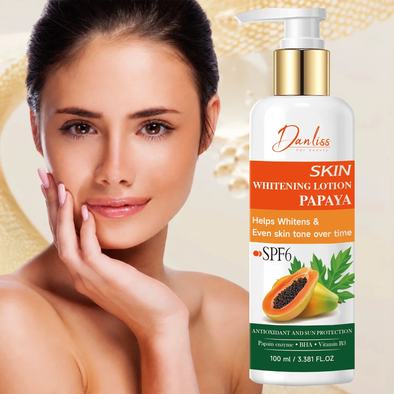 Danliss Papaya Skin Whitening Lotion with SPF6 – 100ml Body & Foot Moisturizer for Even Tone, Antioxidant & Sun Protection.