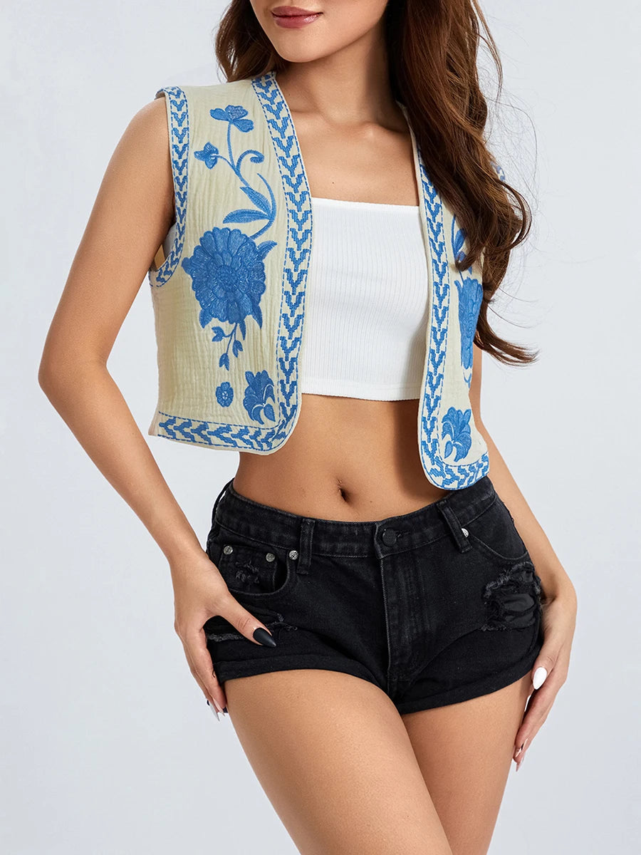 Sleeveless Embroidered Floral Vest with Open Front Design Stylish Outwear Gilet for Women s Casual Streetwear Collection