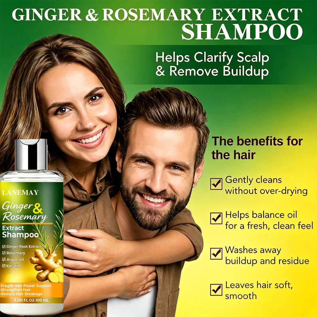 Ginger & Rosemary Extract Shampoo – Strengthen & Soften Fragile Hair Ideal for Daily Use to Maintain Strong, Manageable Locks