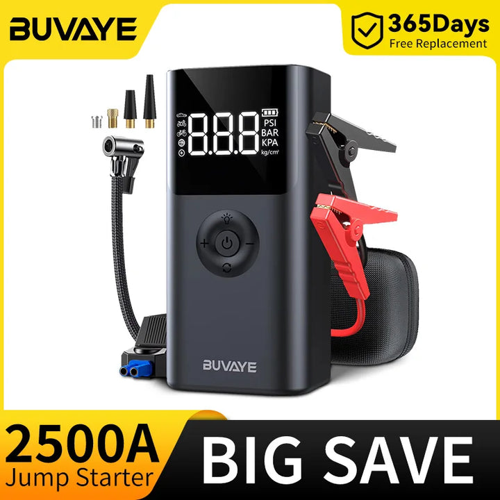 BUVAYE 4 In 1 2500A Portable Jump Starter Power Bank 150PSI Air Pump Booster Car Battery 12V Car Battery Starter Powerbank