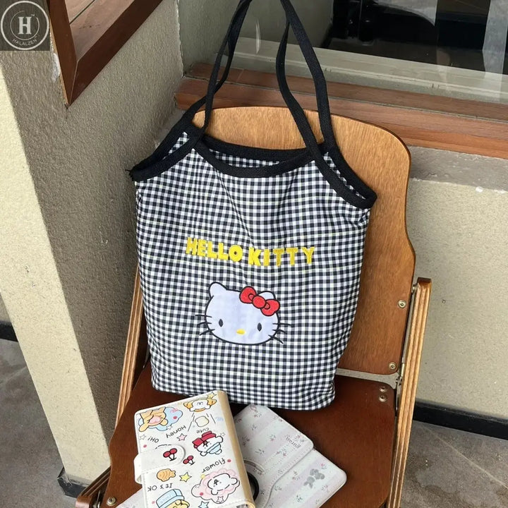 Kawaii Plaid Hello Kitty Women's Shoulder Bag Embroidered shoulder handbag Canvas bag Commuter Versatile Shoulder Handbag HALALZEN