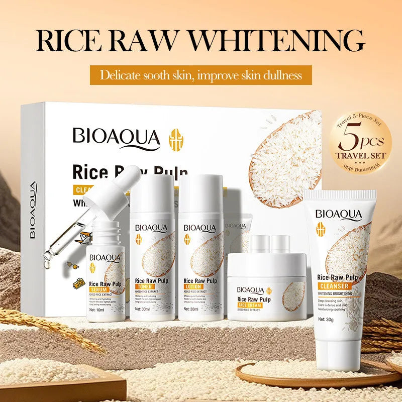 5pcs BIOAOUA Rice Raw Whitening Set Brighten Hydrating Moisturize Soothing Facial Cleanser+toner+essence+lotion+cream Skincare Halalzen