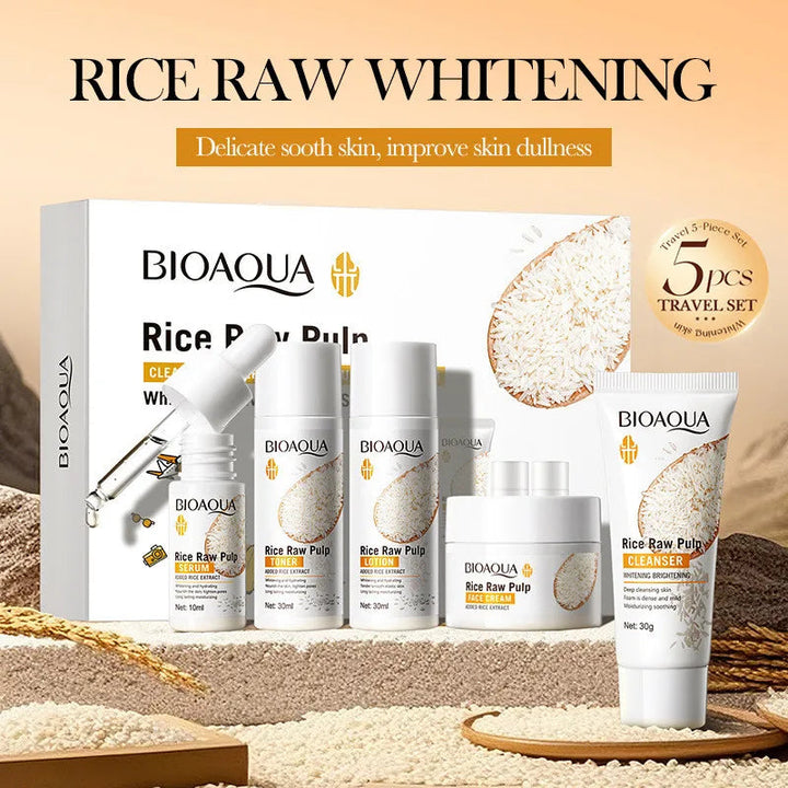 5pcs BIOAOUA Rice Raw Whitening Set Brighten Hydrating Moisturize Soothing Facial Cleanser+toner+essence+lotion+cream Skincare Halalzen