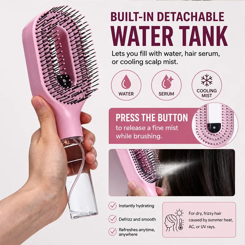 2 in 1 Built-in Spray Detangling Hair Brush Anti Static Reduce Frizz Even Mist Moisturizing Massage Comb Travel Styling Tool