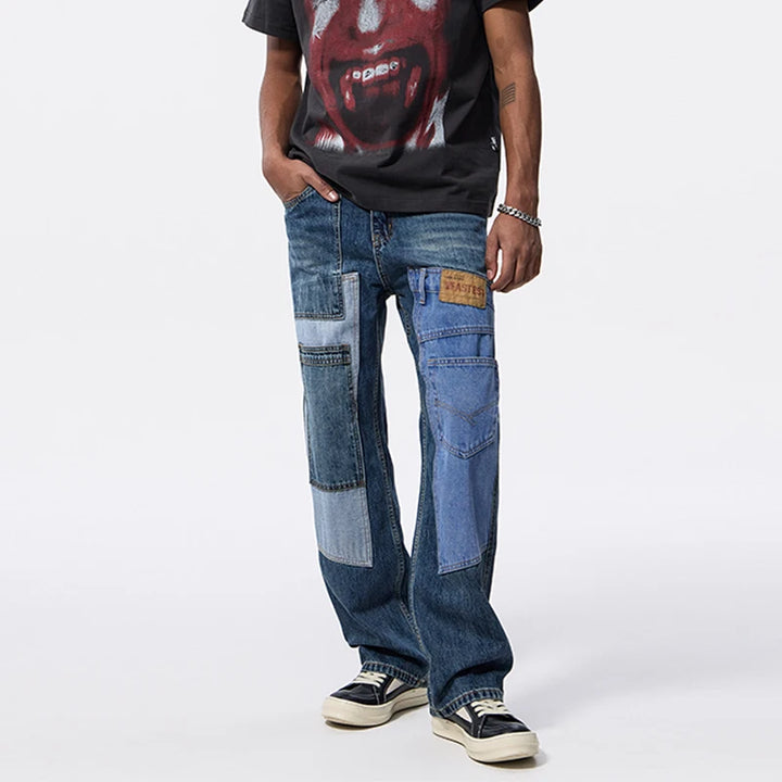 Men's Patchwork Pattern Design Baggy Jeans Cool Boy Street Style Bottoms Casual Pants Fashion Wide Leg Trousers Male Sweatpants
