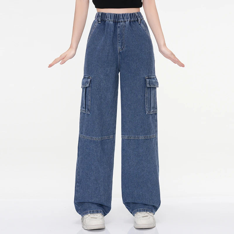 Women's Vintage Washed Cargo Jeans - High Waist Straight Wide Leg Denim Pants for Girls, Casual Stretch Slimming College Style R