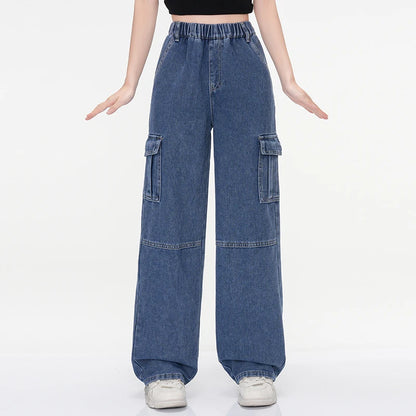 Women's Vintage Washed Cargo Jeans - High Waist Straight Wide Leg Denim Pants for Girls, Casual Stretch Slimming College Style R