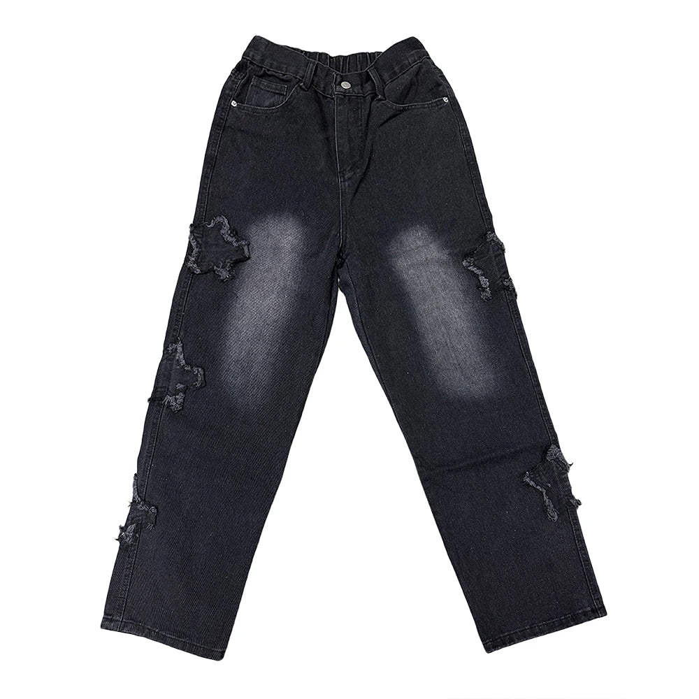 Stars Patchwork Men Jeans New Fashion Y2K Tassel Pants Korea Clothes Straight Hip Hop Splicing Trousers Male Streetwear