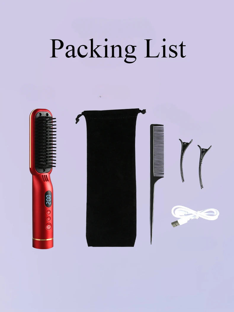 Wireless Hair Styler Negative Ion Hair Straightener Comb & Curling Comb Damage-Free Voluminous LED Screen Rechargeable Hot Comb Halalzen