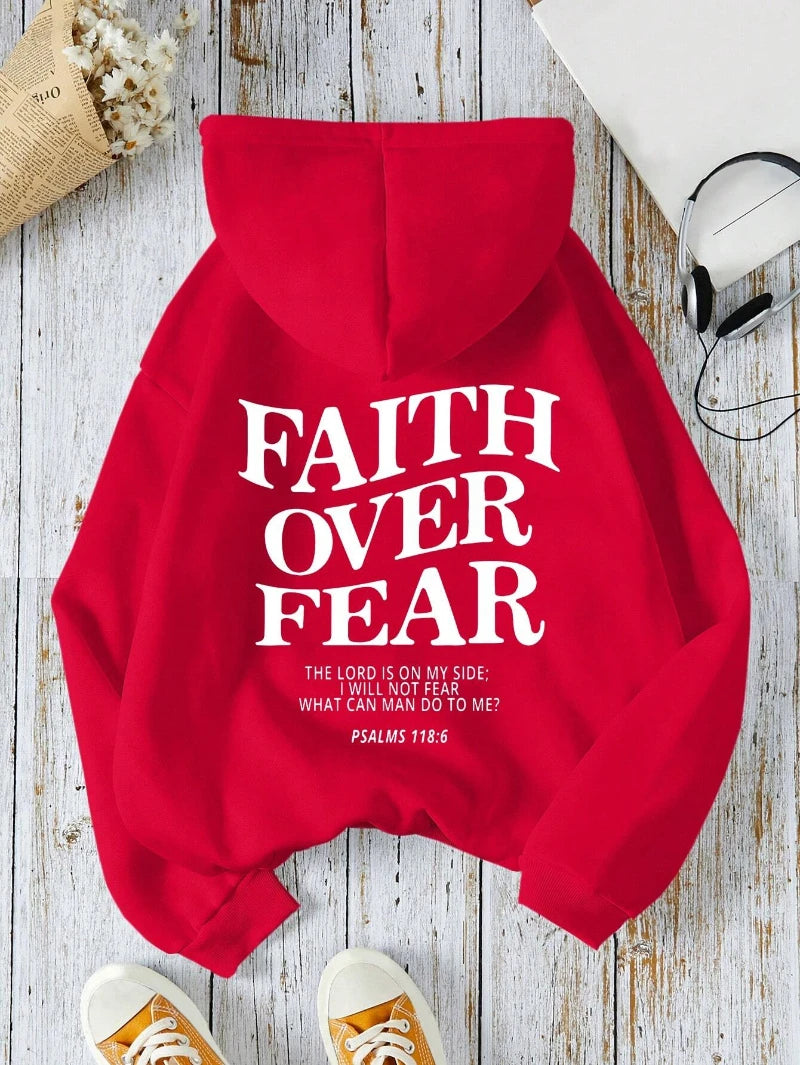 Casual Women's Hoodies Faith Over Fear Letter Printing Sweatshirts Fleece Warm Comfortable Pocket Pullovers Autumn Streetwear