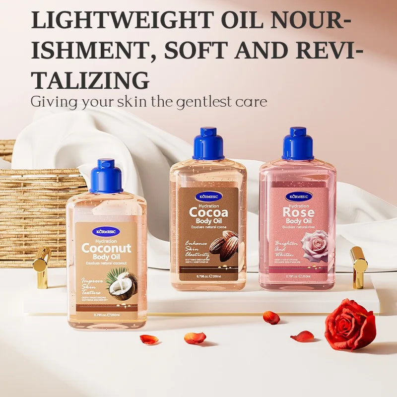 KORMESIC Body Oil 260ml Rose/Cocoa/Coconut Hydrating Brighten Skin Texture Soothe Discomfort Essential Oil