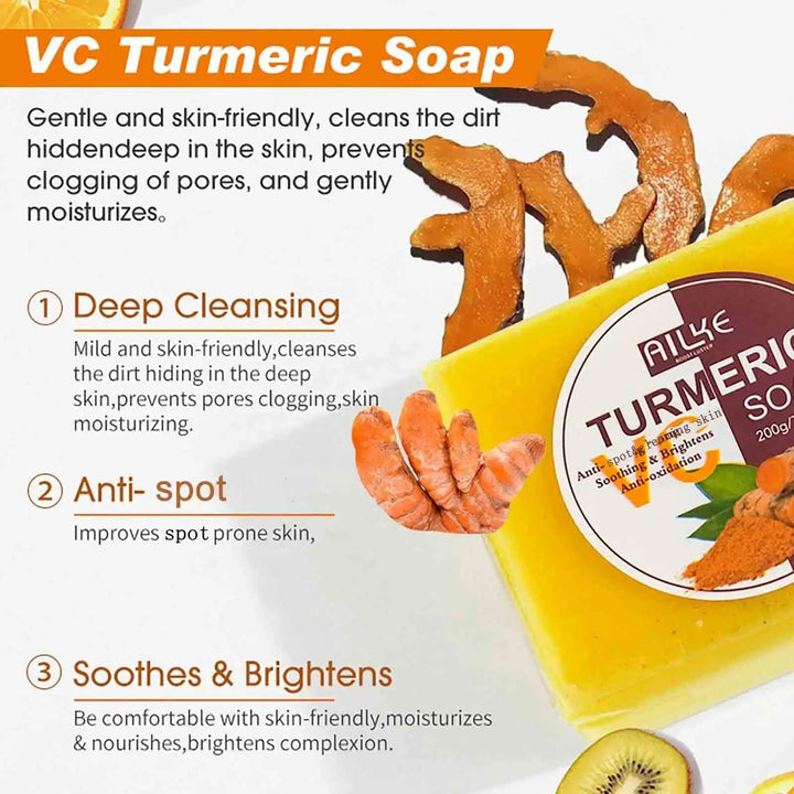 AILKE Natural Turmeric Soap for Face & Body, Whitening, Clean Stains, Even Skin Tone, Remove Acne, Age Spot, Black Spot, 200g Halalzen