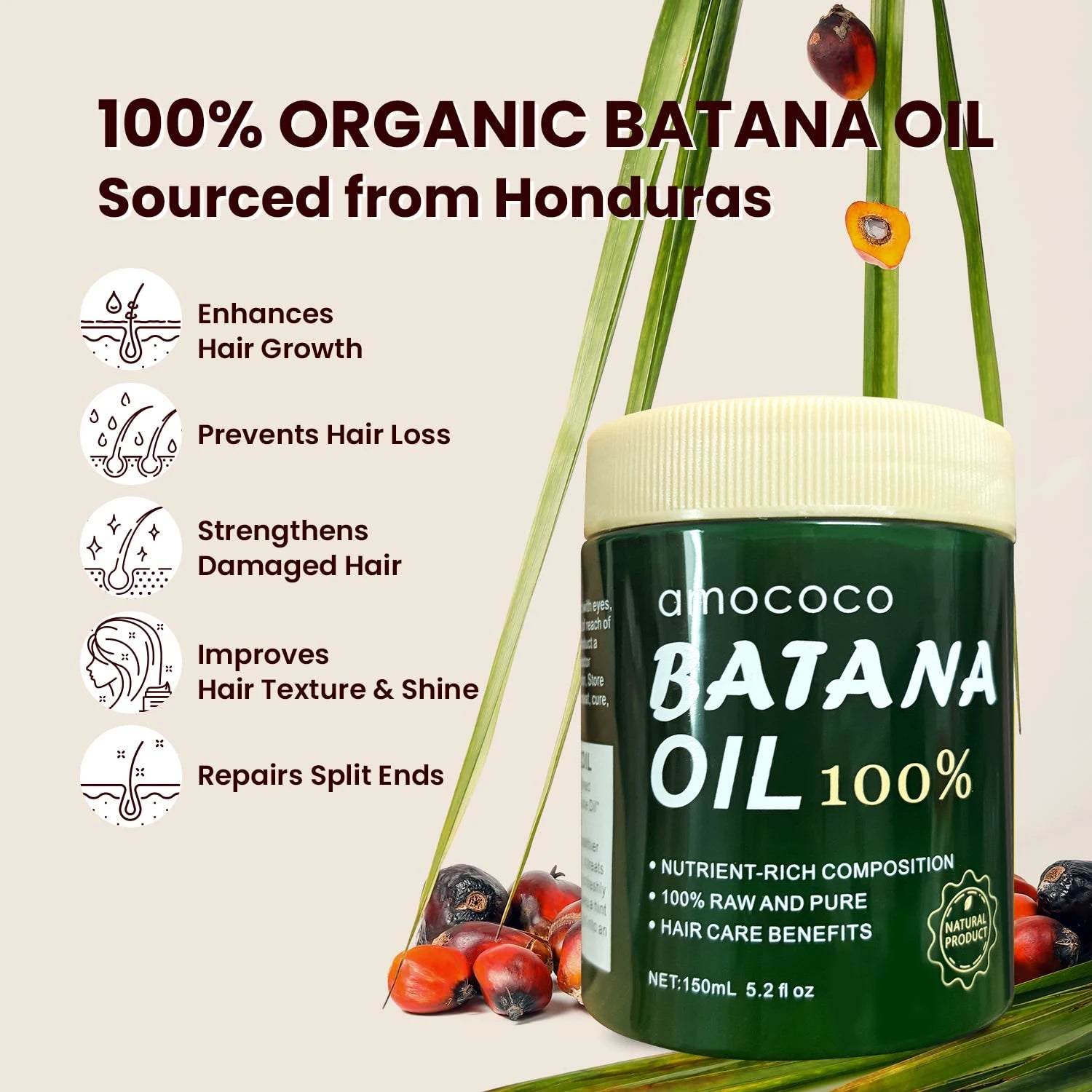 Amococo 2pcs Batana Oil 100% 150ml Each Pure Natural Hair Oil Treatment Nourishing Moisturizing Repair Care for Dry Damaged Hair Strengthening Conditioner for Women Men