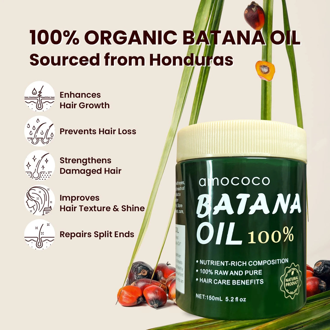 Amococo 2pcs Batana Oil 100% 150ml Each Pure Natural Hair Oil Treatment Nourishing Moisturizing Repair Care for Dry Damaged Hair Strengthening Conditioner for Women Men