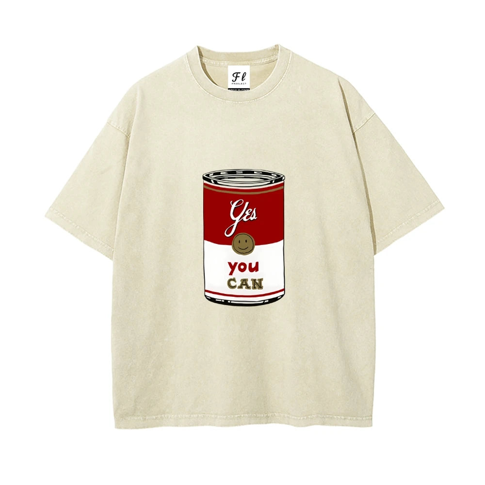 Motivate Can Tee Yes You Can Can Pattern Washed Casual Loose Short Sleeved Creepy Charming Inspiring Comfortable Top
