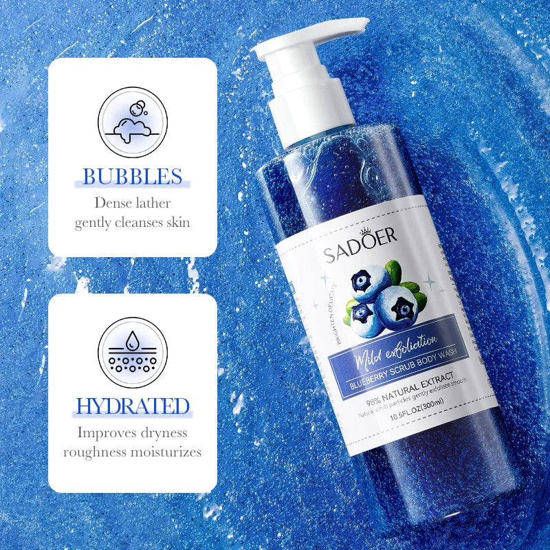 300ml Blueberry Exfoliating Shower Gel Contains Blueberry Extract, Fine Exfoliating Particles Deeply Cleanse Skin Dirt, Improve Rough Skin, Brighten Skin Tone, Make Skin Clean and Silky, and Emit a Pleasant Fragrance Halalzen