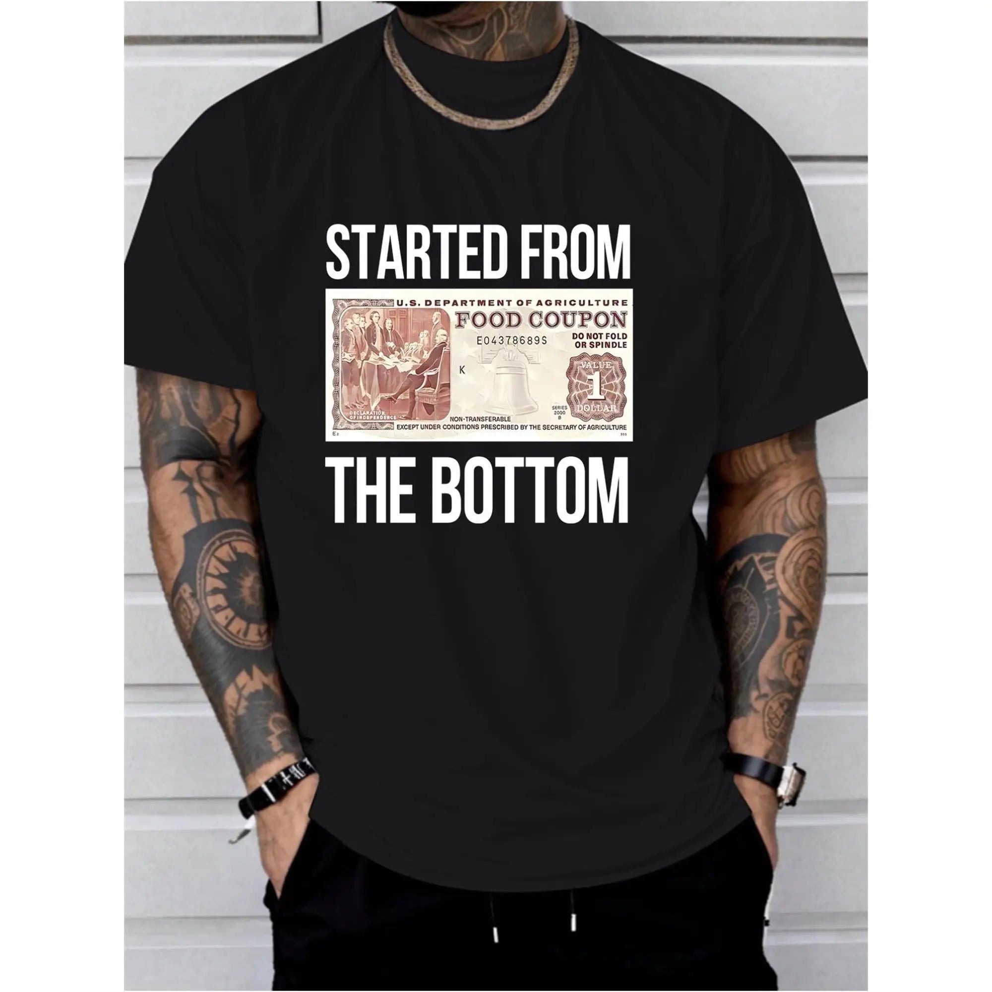 Funny Started from the Bottom T-shirt Humorous Food Coupon Graphic Tee Motivational Hustle Success Top Unisex Men's Gift