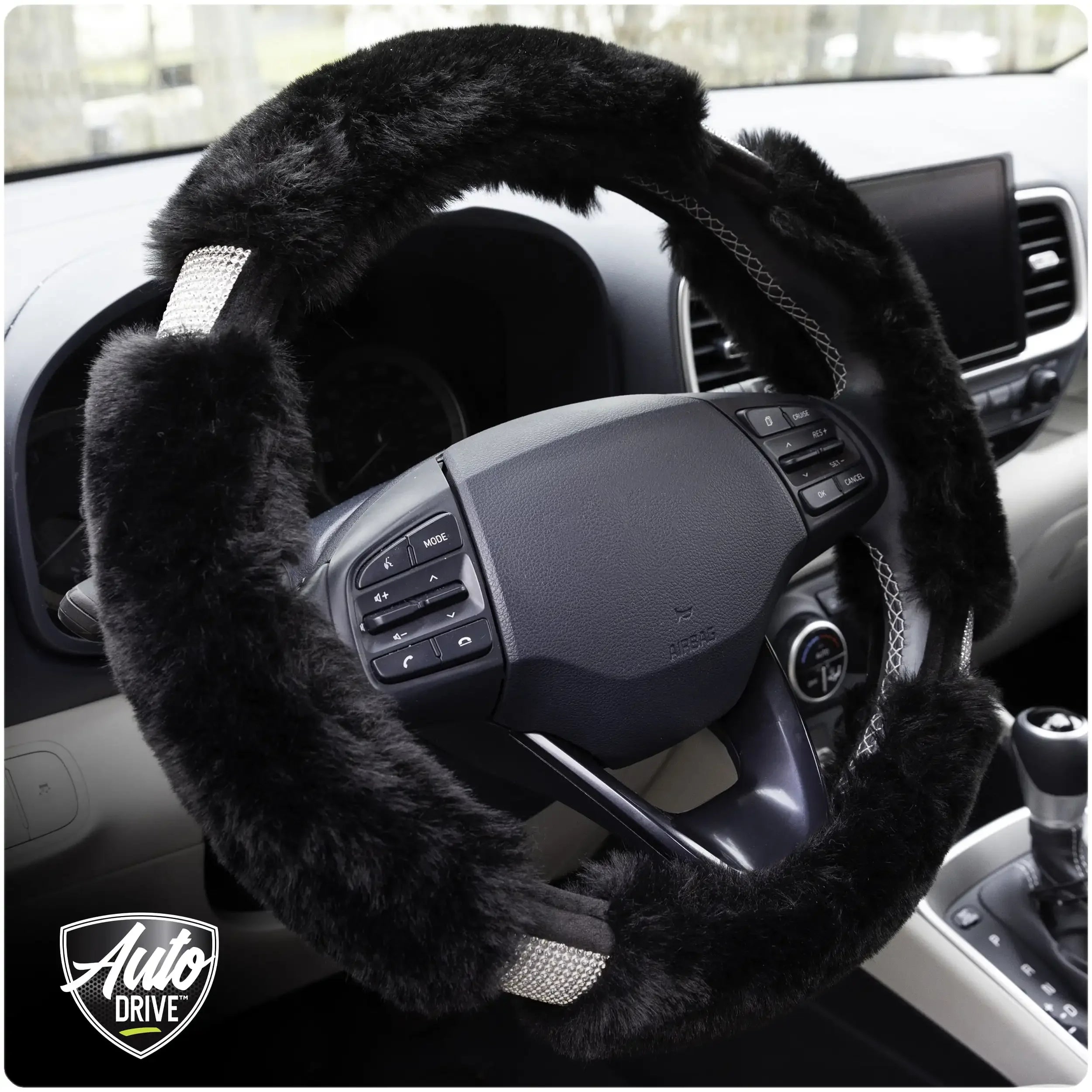 Black Fluffy Bling Steering Wheel Cover, 1.08 lbs,Fit-to-Fit,All-Season Comfort
