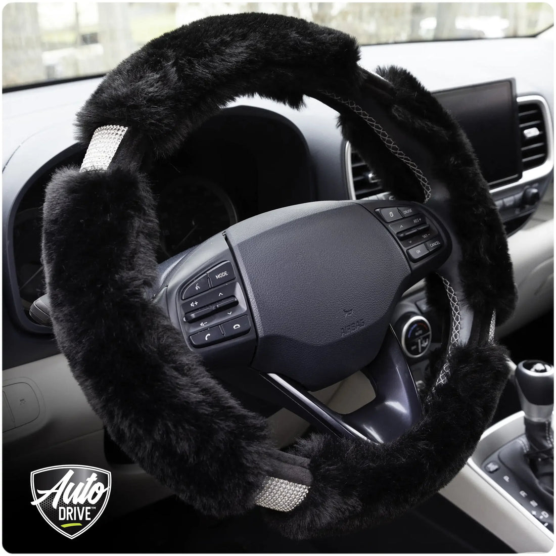 Black Fluffy Bling Steering Wheel Cover, 1.08 lbs,Fit-to-Fit,All-Season Comfort