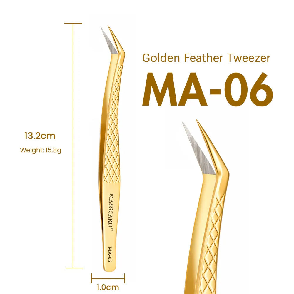 MASSCAKU Eyelash Extension Tweezers Fiber Tip Gold Stainless Steel Lash Pickup Tool for Volume Fans Classic Lash Isolation