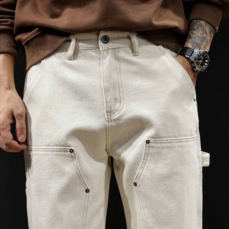White Workwear Thigh Patch Jeans Men's New Woodcutter Rivet Straight Denim Pants Spring Autumn American Retro Cotton Cargo Pants