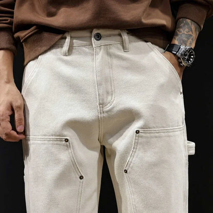 White Workwear Thigh Patch Jeans Men's New Woodcutter Rivet Straight Denim Pants Spring Autumn American Retro Cotton Cargo Pants