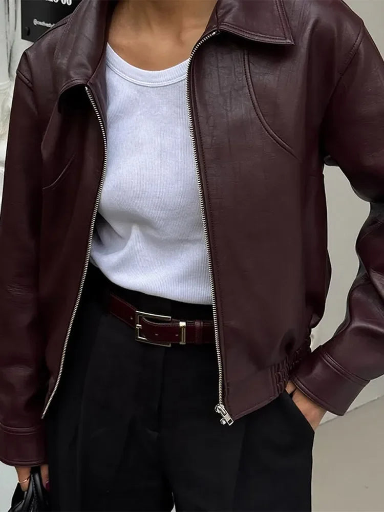 Ladies' burgundy PU leather short jacket fashionable autumn lapel jacket zipper high street loose leather jacket