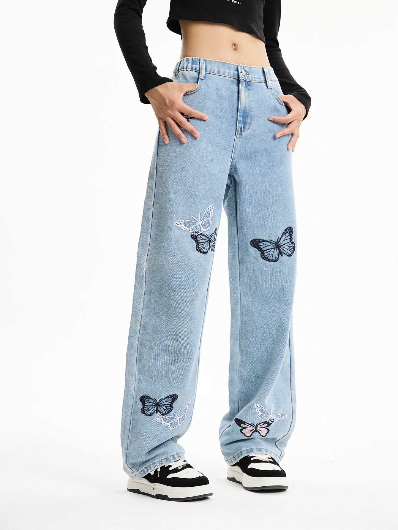 Medium and large girls teenager butterfly print loose wide-leg straight pants casual long versatile jeans