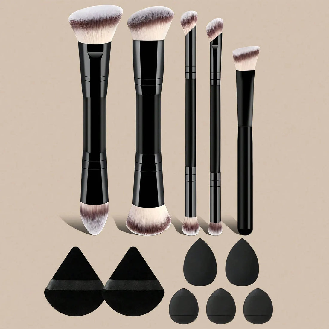 Makeup Brush Set with Sponges and Puffs, 5/7/12/15-Piece Travel Beauty Tools for Foundation, Powder, Blush and Eyeshadow