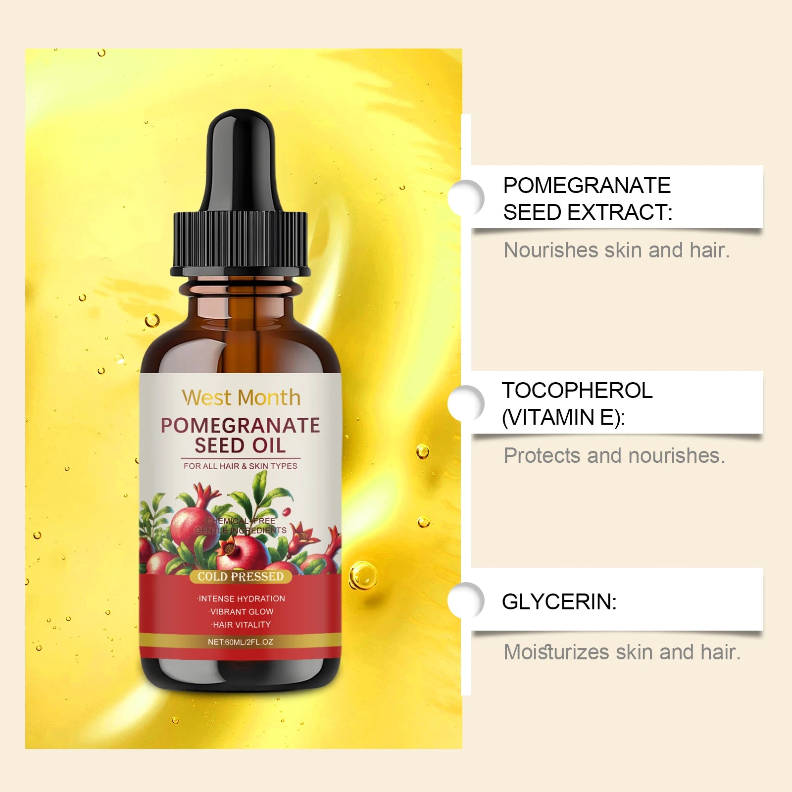 West Month 60ml Pomegranate Seed Moisturizing Essential Oil Gentle Hydrating Body Skin Care for Overall Nourishment
