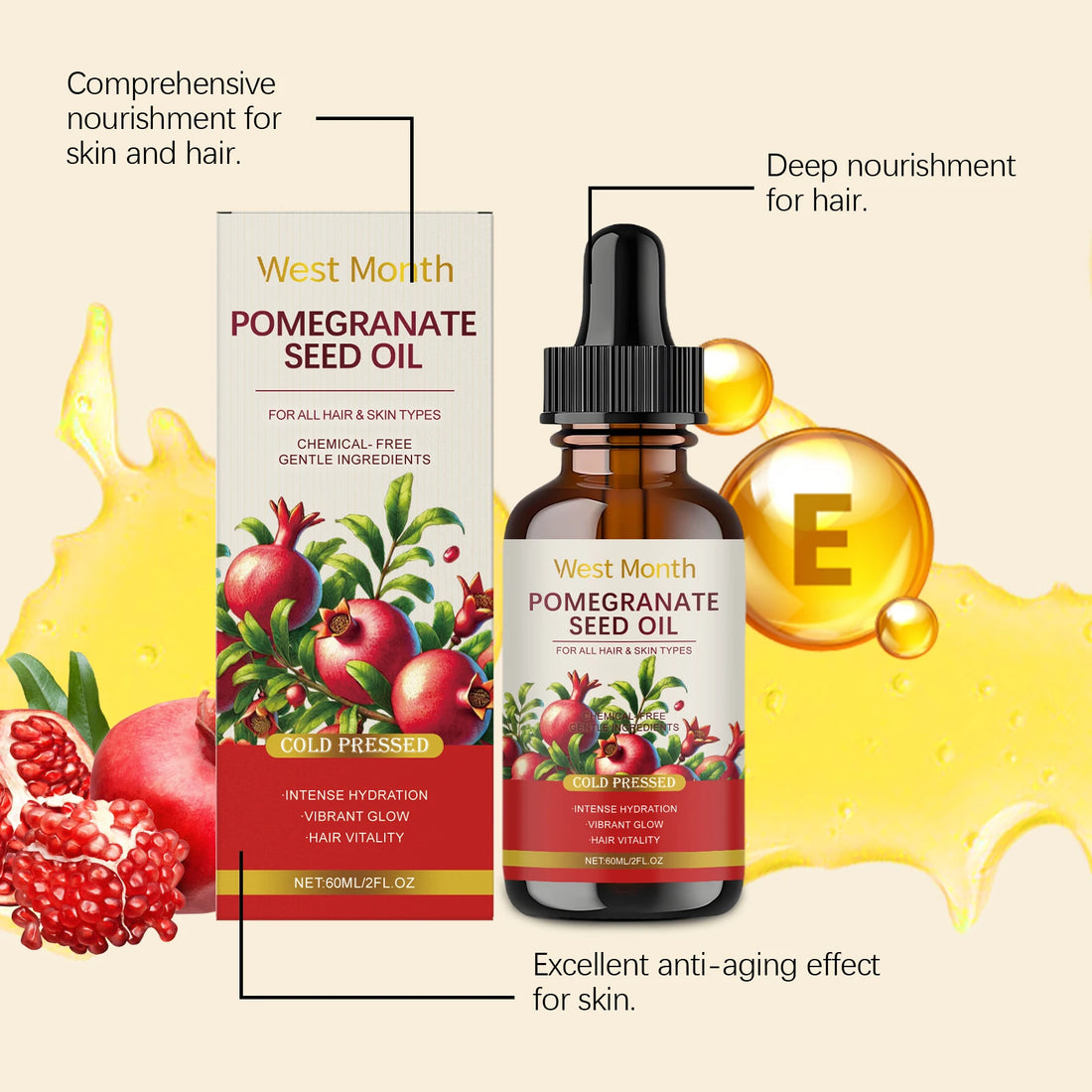 West Month 60ml Pomegranate Seed Moisturizing Essential Oil Gentle Hydrating Body Skin Care for Overall Nourishment