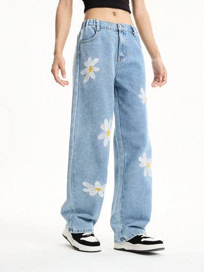 Middle and large girls youth college style loose wide-leg straight pants casual long versatile jeans