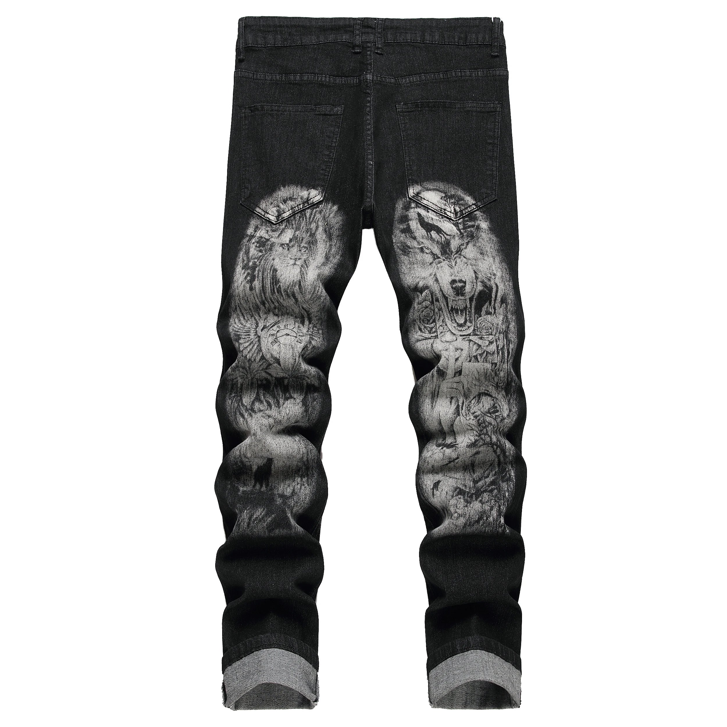 Men's black print pants; Men's print wolf head pattern jeans; Stretch blue jeans 90035