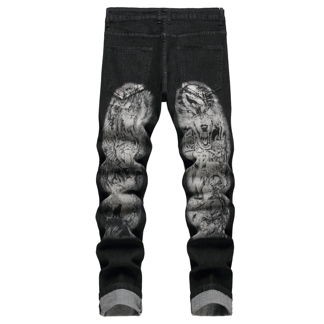 Men's black print pants; Men's print wolf head pattern jeans; Stretch blue jeans 90035