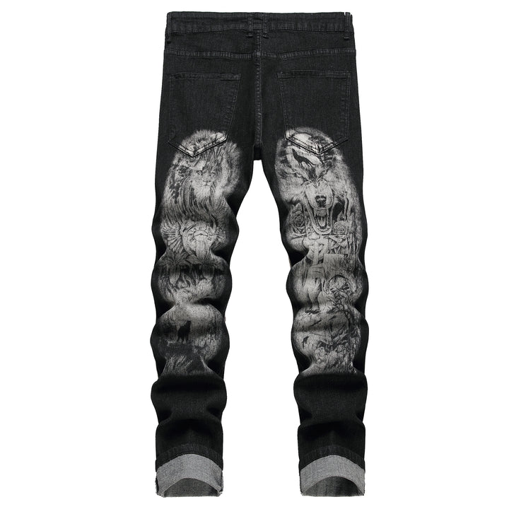Men's black print pants; Men's print wolf head pattern jeans; Stretch blue jeans 90035