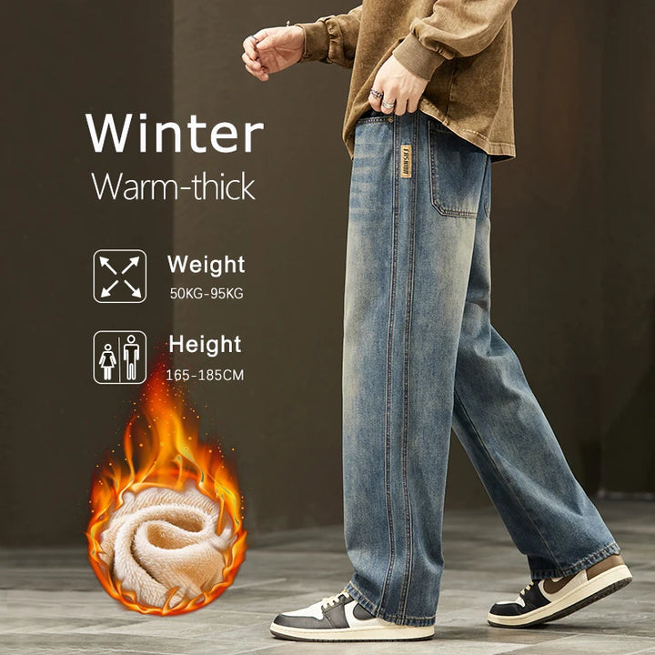 Winterfleece-Jeans für Herren, dicke Baumwolljeans, warm, koreanischer Samt, lockere, weite Hose mit elastischem Bund, hochwertige Outdoor-Plüschhose