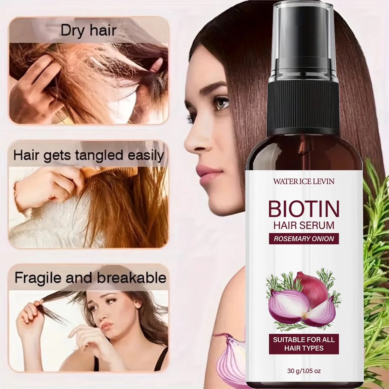 Biotin Hair Serum 30g with Rosemary & Onion Oil - Moisturizing Nourishing Essential Oil for Smooth, Supple & Healthy Hair