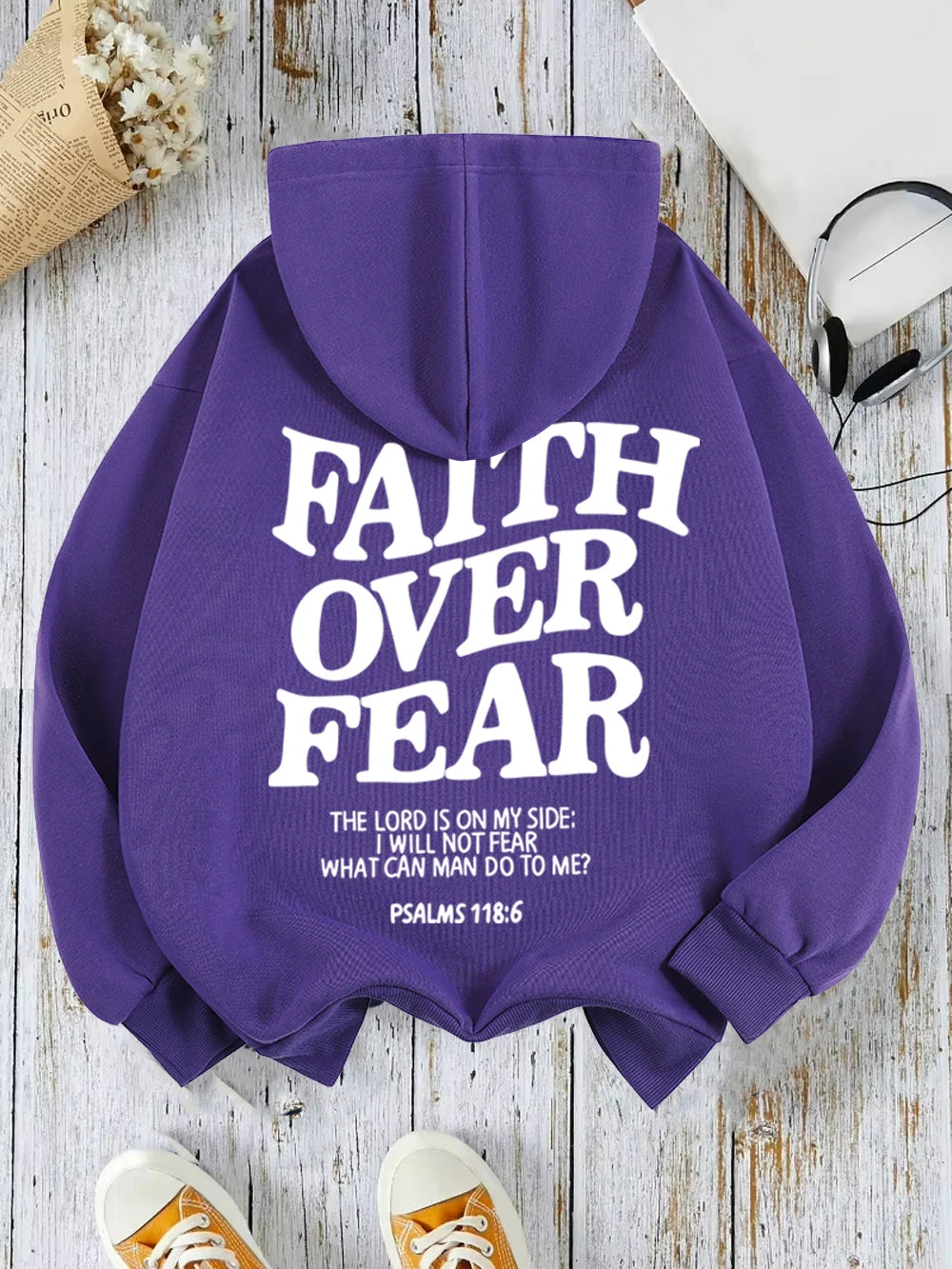 Casual Women's Hoodies Faith Over Fear Letter Printing Sweatshirts Fleece Warm Comfortable Pocket Pullovers Autumn Streetwear