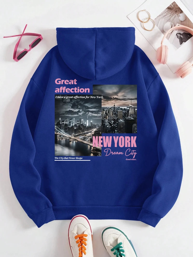 New York Dream City Printed Hoodies Casual Fashion Women Pullover Fleece Warm Pocket Sweatshirt Sporty Oversize Street Clothes
