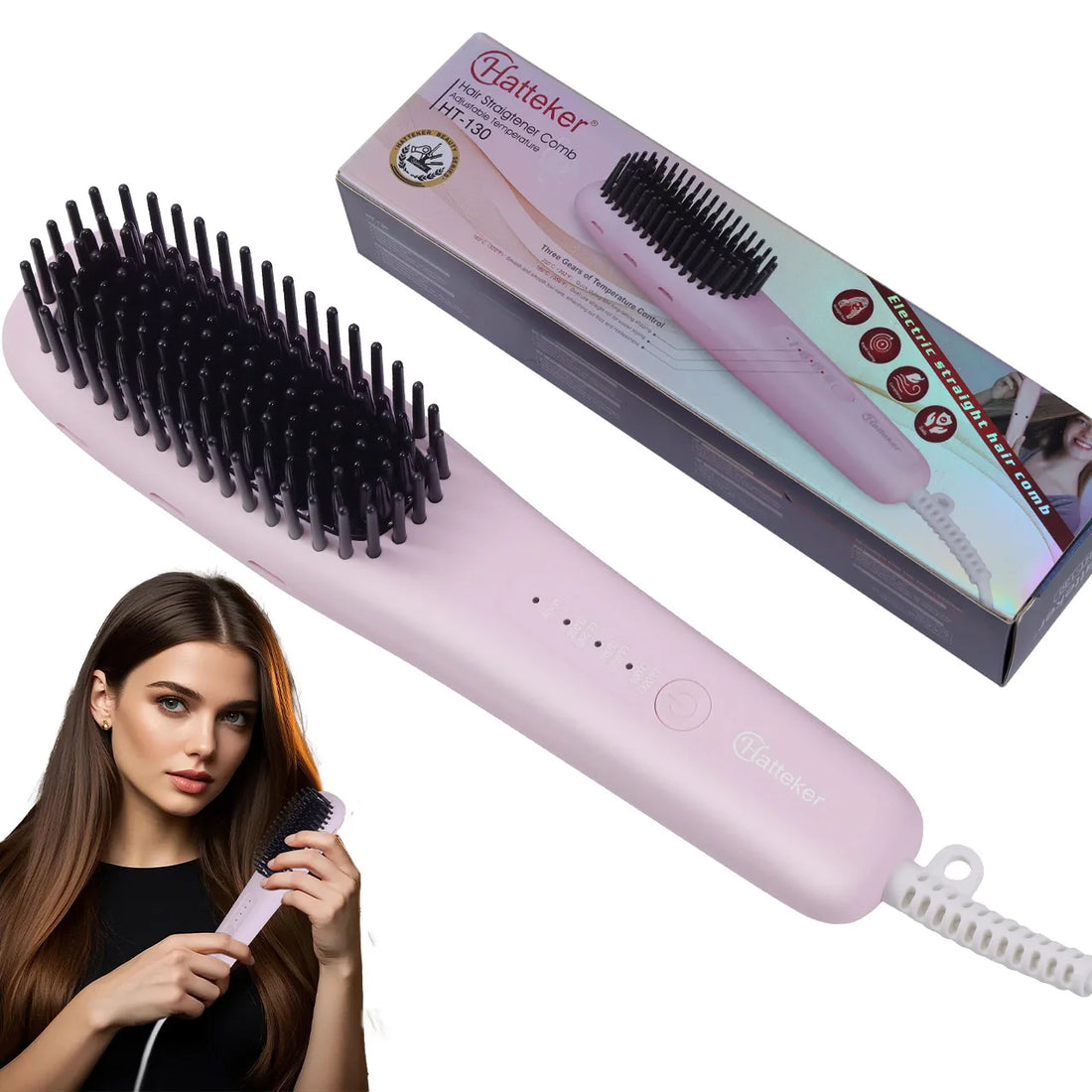 Hatteker Portable Home Use Negative Ion Straightening Comb Multi-temperature Adjustable Hair Styling Tool for Smooth Shiny