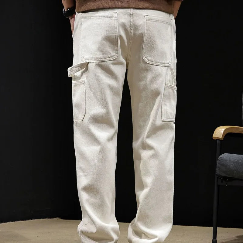 White Workwear Thigh Patch Jeans Men's New Woodcutter Rivet Straight Denim Pants Spring Autumn American Retro Cotton Cargo Pants