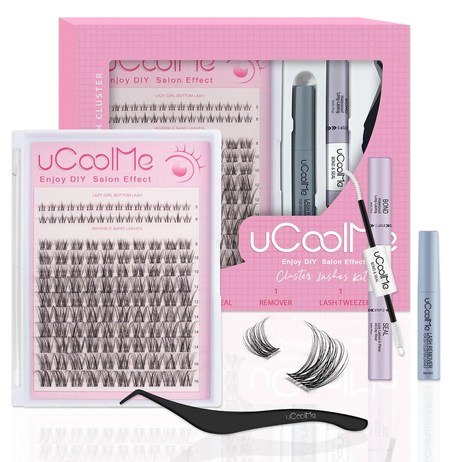 uCoolMe Lashes Venus Super Natural Clusters Kit with Bond and Seal Remover Long-lasting Waterproof Beginner Friendly Makeup Tool