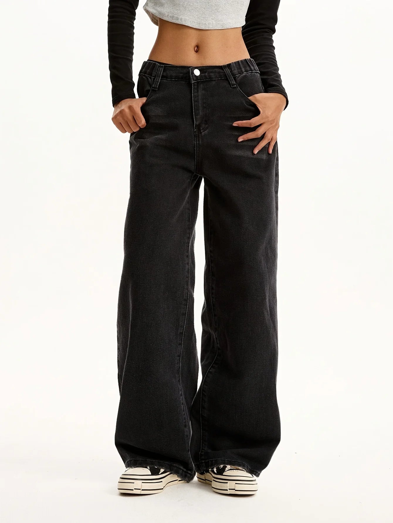 Teenage Girls' Black Casual Washed Denim Jeans - Preppy Style Trendy Straight Leg Pants