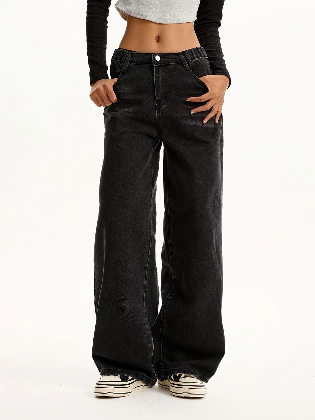 Teenage Girls' Black Casual Washed Denim Jeans - Preppy Style Trendy Straight Leg Pants