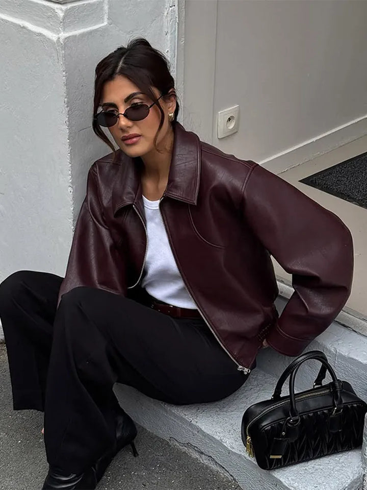 Ladies' burgundy PU leather short jacket fashionable autumn lapel jacket zipper high street loose leather jacket