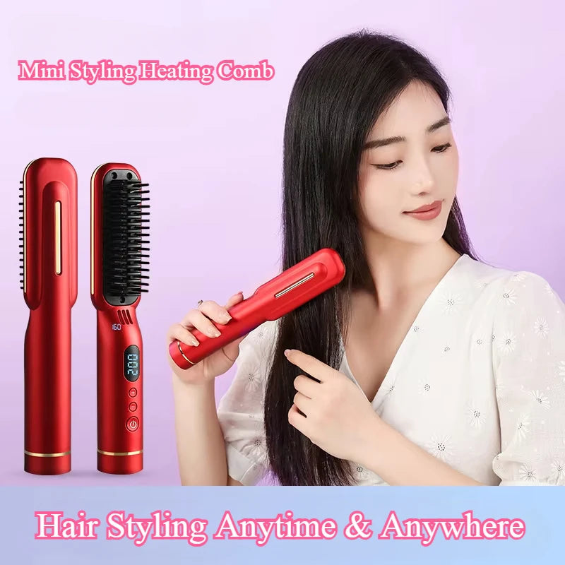 Wireless Hair Styler Negative Ion Hair Straightener Comb & Curling Comb Damage-Free Voluminous LED Screen Rechargeable Hot Comb Halalzen