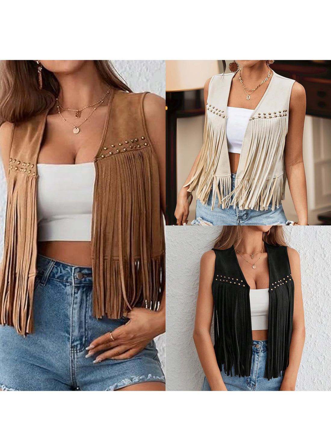 Vintage Fringe Suede Jacket 70s Boho Hippie Outfit Sleeveless Open Front Vest Western Cowgirl Coat Retro Fashion Trend