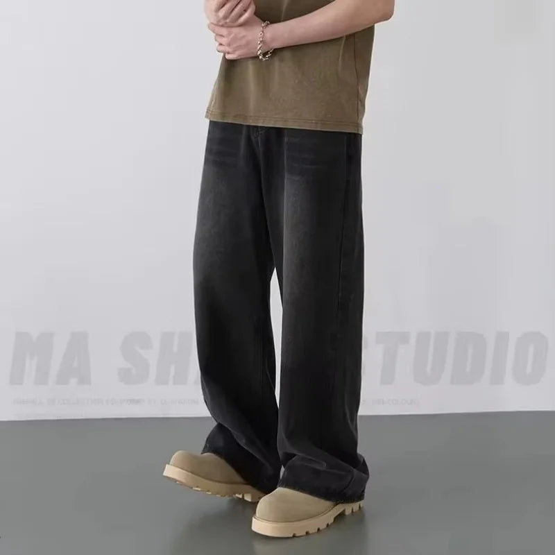 Spring Autumn Men's New Denim Pants Old Blue Washed Casual Jeans Menwear Loose New Fashion contrasting color Wide Leg Trousers HALALZEN