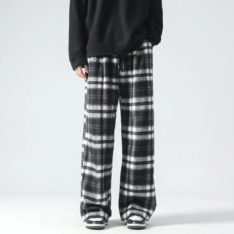 Vintage Plaid Pants Men's Loose Wide Leg Pants Autumn New Lazy Wind Straight-leg Leisure Trousers Male Jogger Sweatpant