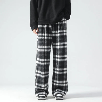 Vintage Plaid Pants Men's Loose Wide Leg Pants Autumn New Lazy Wind Straight-leg Leisure Trousers Male Jogger Sweatpant